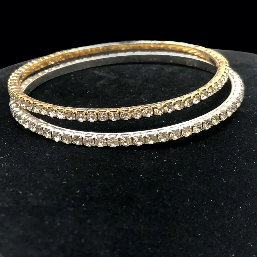 VINTAGE CLEAR CRYSTAL HARD BANGLE BRACELETS - SET OF 2